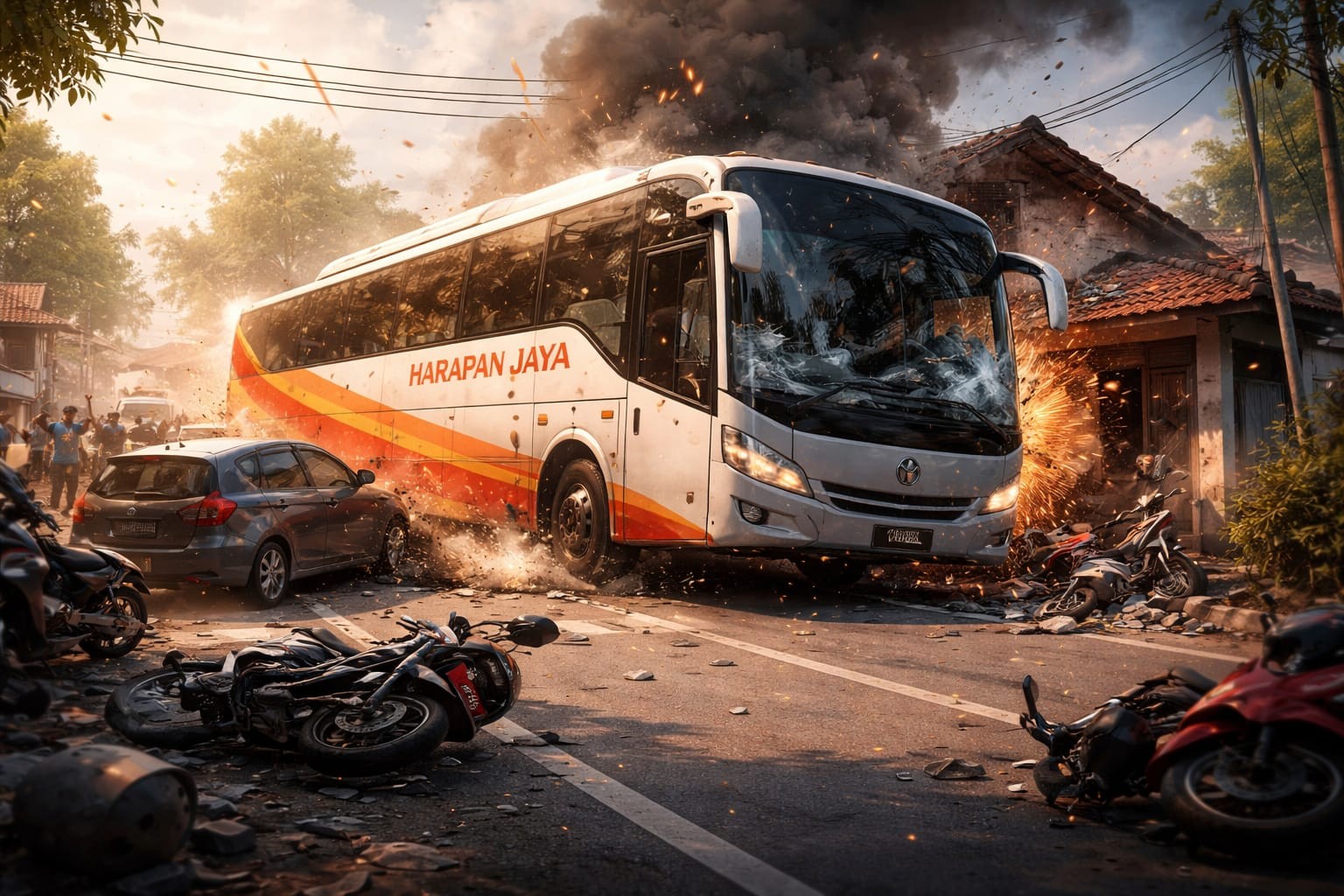Bus Harapan Jaya Kecelakaan Beruntun di Kediri, Tabrak Mobil, Motor, hingga Rumah Warga